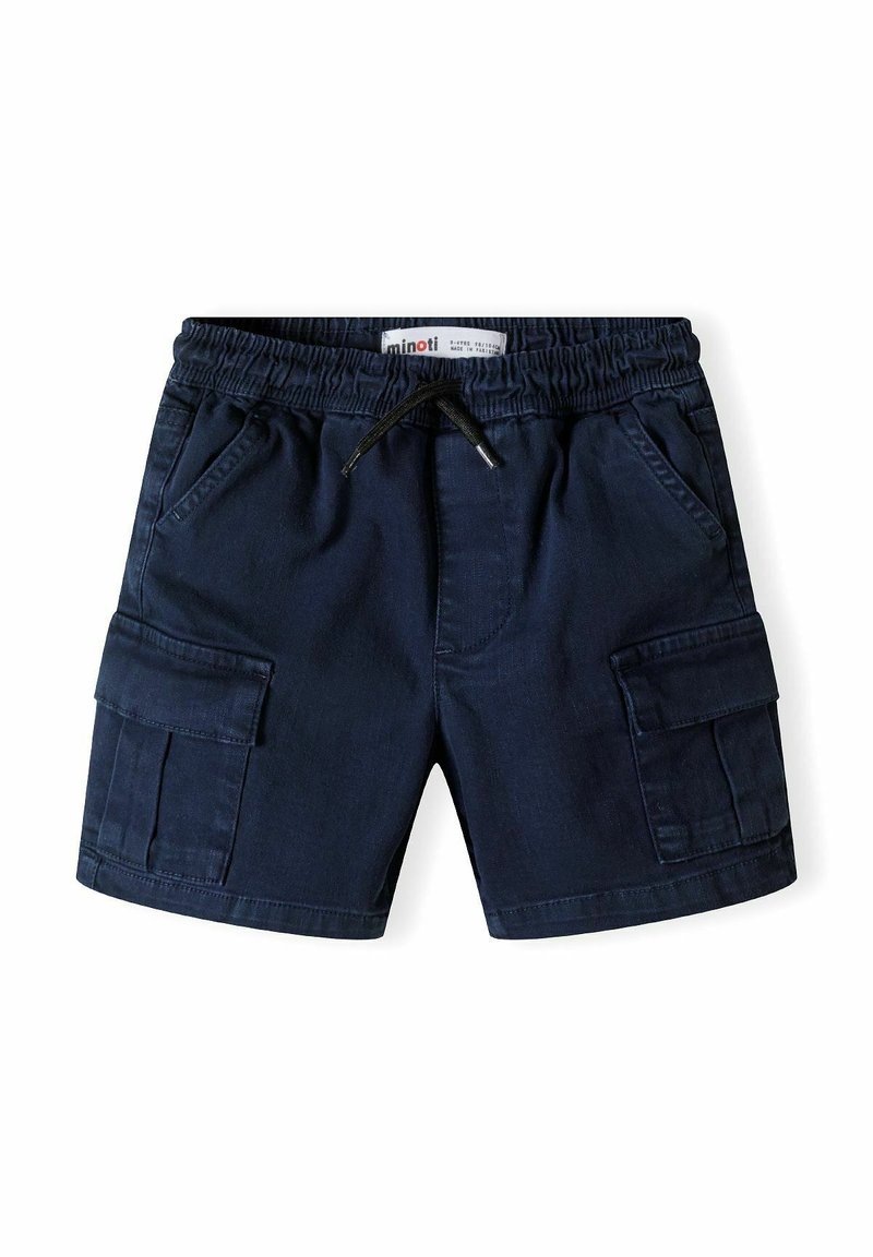 Shorts cargo bleu marine en coton, dotés d'une taille élastique, d'un cordon de serrage, de deux poches latérales et de deux poches cargo avec rabat.