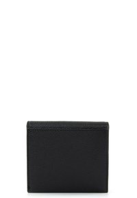 Black leather cardholder with a textured finish, rectangular shape, and clean edges. Features multiple card slots and a minimalist design.