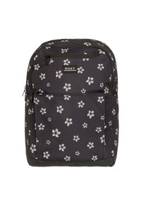 Mochila negra con patrón floral blanco. Presenta un cierre superior con cremallera, un bolsillo frontal con cremallera y un respaldo acolchado. Fabricada con tejido duradero.