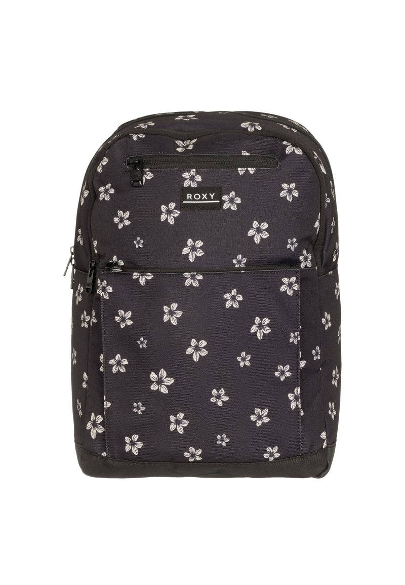 Mochila negra con patrón floral blanco. Presenta un cierre superior con cremallera, un bolsillo frontal con cremallera y un respaldo acolchado. Fabricada con tejido duradero.