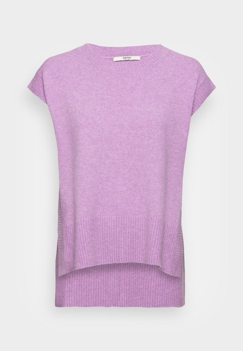 Pull sans manches en tricot lilas avec ourlet côtelé, encolure ronde et panneau arrière légèrement plus long, sur fond blanc uni.