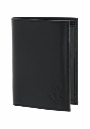 Portefeuille en cuir noir debout, fermé, avec un symbole d'ancre en relief dans le coin inférieur droit.