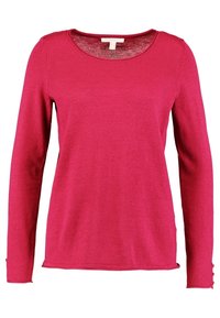 Maglione rosa a maniche lunghe con scollatura rotonda, realizzato in tessuto morbido, con dettagli di bottoni sulle maniche e una vestibilità ampia.