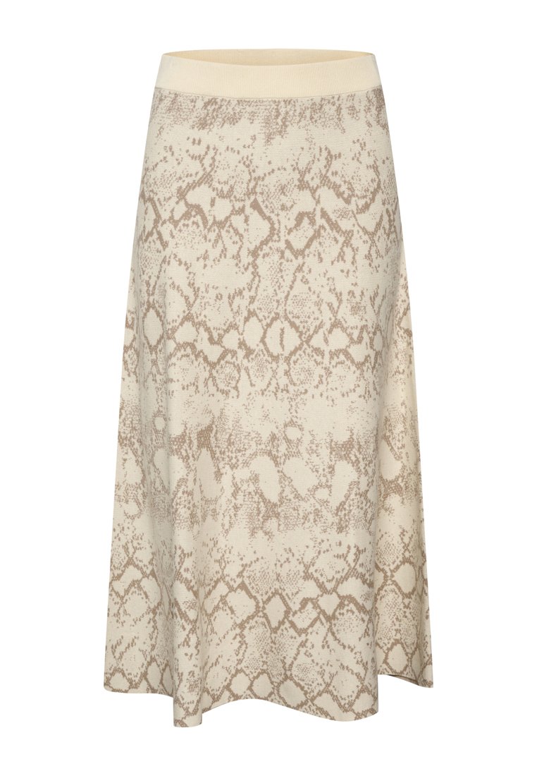 Ein knielanger Rock in einem beige-braunen Schlangenprint, mit einem dehnbaren, cremefarbenen Bund, aus weichem, strukturiertem Stoff.