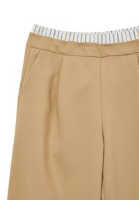 Pantaloni beige plissettati con una cintura elastica a righe. Il tessuto ha una consistenza liscia, con un design sartoriale per una vestibilità strutturata.