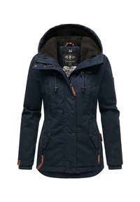 Navy blue winter jacket with a faux fur-lined hood, zip and snap closure, multiple pockets, and contrasting leather accents.