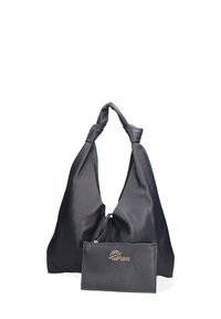 Sac en cuir noir avec un design noué, présentant une texture lisse et une pochette amovible avec des accents de ferrures dorées.