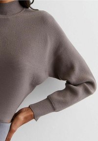 Suéter de punto acanalado en taupe con un cuello enlazado alto y hombros caídos. Cuenta con mangas ajustadas y una textura ligera.