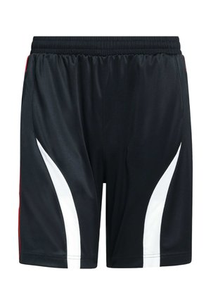 Mustat urheiluhousut, joissa on sileä pinta, valkoiset ja punaiset sivukorostukset sekä joustava vyötärömitta mukavuutta varten.