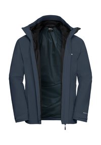 Giacca impermeabile blu navy con zip frontale, cappuccio regolabile e fodera in rete. Presenta maniche lunghe e un design elegante e minimale.