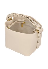 Beige leather handbag with a structured, boxy shape. Features braided handles, gold hardware, and a zippered inner pocket with a smooth lining.