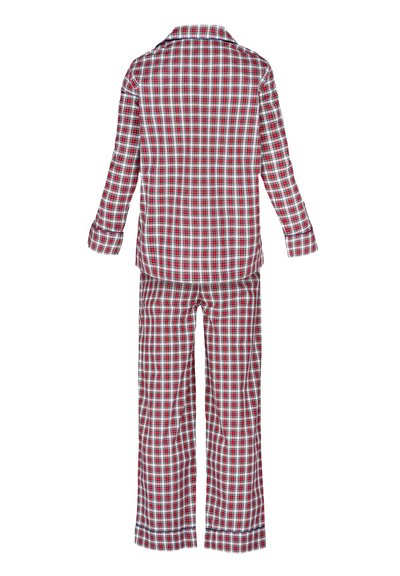 Červený a bílý kostkovaný flanelový pyžamový set s dlouhými rukávy, zapínacím límcem na knoflíky a odpovídajícími kalhotami s rovný střihem a olemovanými náplety.