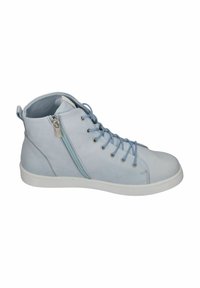 Light blue leather high-top sneaker with white rubber sole. Features a front lace-up design and a side zipper for easy access.