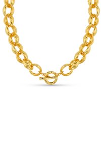 Guld kæde med aflang, oval link og en struktureret overflade. Låsen har et cirkulært toggle-design.