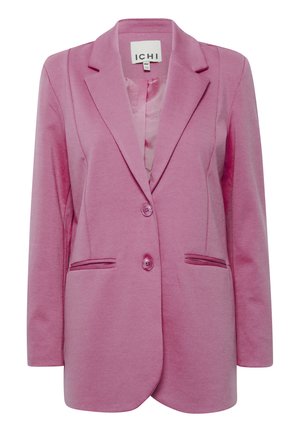 Pink blazer with a tailored fit, two buttons, notched lapels, and side pockets. Smooth fabric with a slightly textured finish.