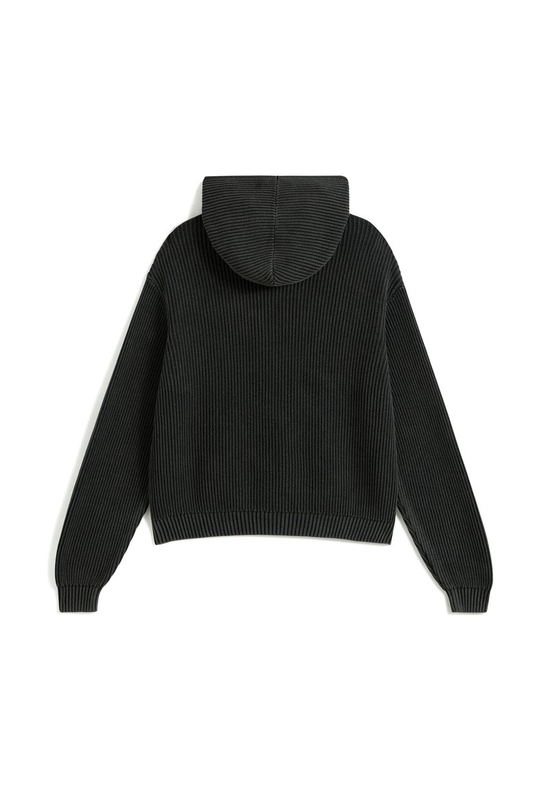 Czarna szara dziana bluza z kapturem o ribbowym wzorze, z długimi rękawami i zaokrąglonym kapturem. Skrócona długość, z elastycznymi mankietami i dołem.