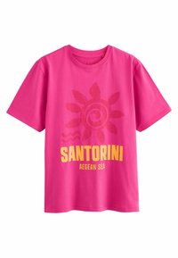 Roosa puuvillane särk lühikeste varrukatega, millel on spiraalne päikesegraafika ja tekst "SANTORINI Egeuse meri" kollases. Sile tekstuur.