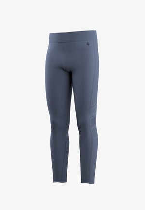 Blaue, voll Länge sportliche Leggings mit hohem Bund und dezenten geometrischen Mustern an den Beinen, für eine enge Passform entworfen.