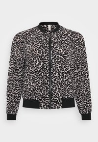 Kurtka bomberka w nadruk lamparta z miękkiego materiału, z zamkiem z przodu, prążkowanym kołnierzem, mankietami i dołem. Czarne akcenty wokół krawędzi.