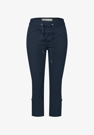 Marineblaue, knöchellange Hose aus leichtem Stoff, mit elastischem Bund, verstellbarem Kordelzug und Reißverschlussdetails im Saum.