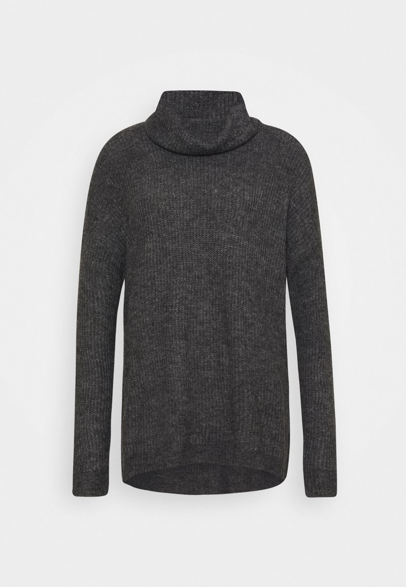 Pull à col roulé en maille gris foncé avec manches longues et ourlet légèrement arrondi.