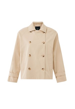 Chaqueta beige de doble botonadura con seis botones, dos bolsillos delanteros, cuello ancho y mangas con puños, con etiqueta Mexx.