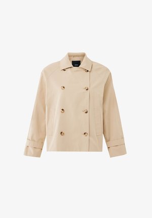 Beige double-breasted jas met zes knopen, twee zakken aan de voorkant, brede kraag en omslagmouwen, gelabeld Mexx.
