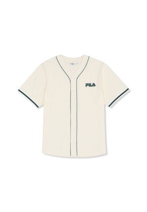 Cremefarvet baseballskjorte med korte ærmer i baseballstil med mørkegrøn kant på ærmer og front, med FILA-logo på venstre bryst.