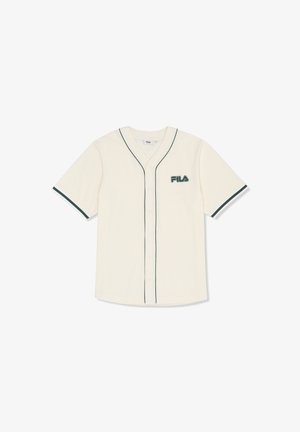 Cremefarvet baseballskjorte med korte ærmer i baseballstil med mørkegrøn kant på ærmer og front, med FILA-logo på venstre bryst.