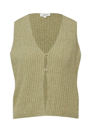 Beżowa bezrękawnikowa kamizelka z prążkowanego dzianego materiału, z dekoltem w szpic i dwoma przednimi guzikami, oznaczona marką s.Oliver, prezentowana na białym tle.