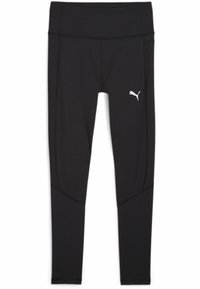 Leggings atléticos negros hechos de tela elástica, con una cinturilla ancha y un logotipo blanco de Puma en la pierna izquierda. Textura suave y diseño ajustado.