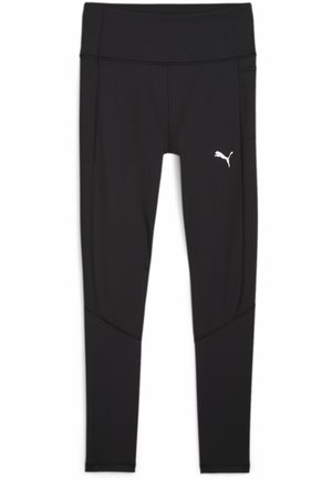Leggings atléticos negros hechos de tela elástica, con una cinturilla ancha y un logotipo blanco de Puma en la pierna izquierda. Textura suave y diseño ajustado.