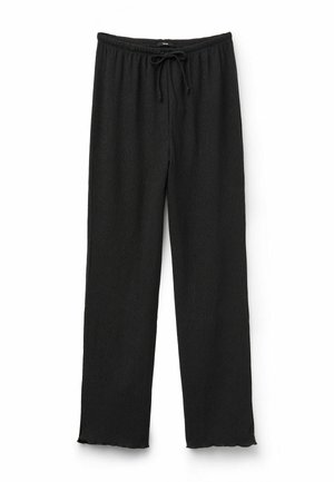 Zwarte plissébroek met een elastische tailleband en trekkoord. De zoom heeft een golvende afwerking en de stof heeft een gestructureerde uitstraling.