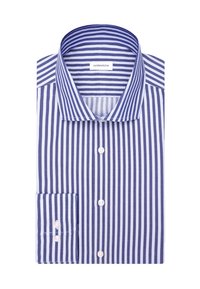 Camicia a righe verticali blu e bianche con bottoni bianchi e colletto alla francese, ripiegata ordinatamente, etichetta del brand visibile all'interno del colletto.