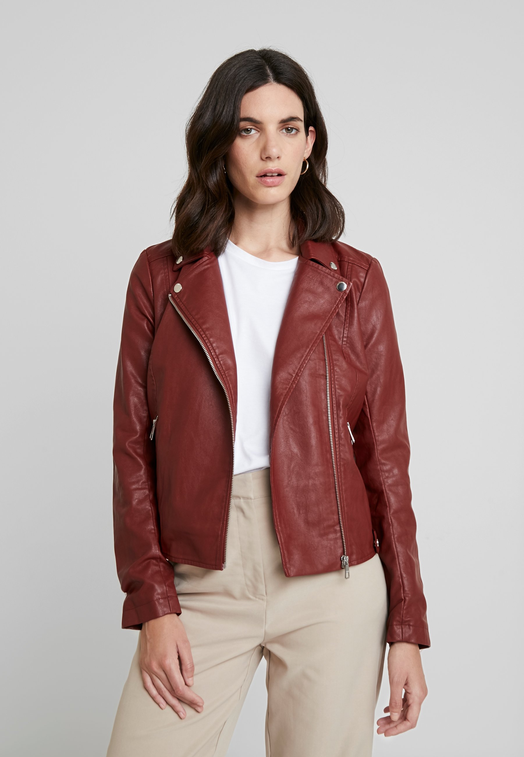 brick red leather jacket