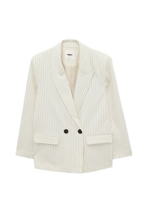 Kremfarvet blazer med tynde lodrette sorte striber, krave med hak, to sorte knapper og to forlommer med klap.