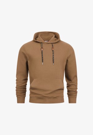 Smeđa kapuljača s rebrastom teksturom, prednjim džepom i crno-bijelim vezicama s drvenim detaljima.