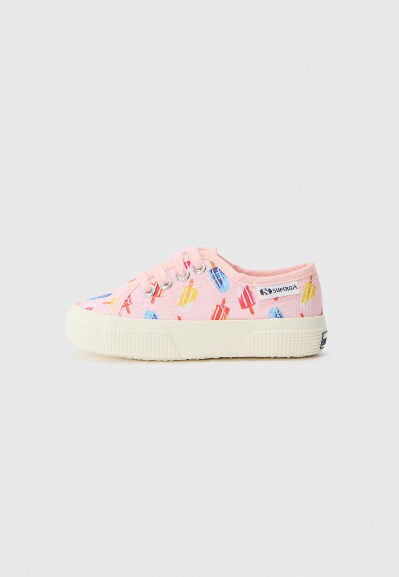 Rosa kanvas sneakers med fargerike iskremkule mønstre, hvit teksturert såle og matchende rosa lisser. Har logo nær hælen.