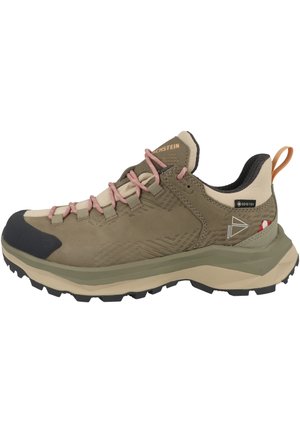 Light brown hiking shoe with pink laces, Gore-Tex fabric, black toe cap, rugged sole, and logo on side and tongue.