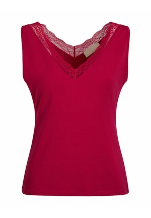 Sleeveless bright red top with V-neckline, decorated with matching lace trim along the neckline and shoulders.