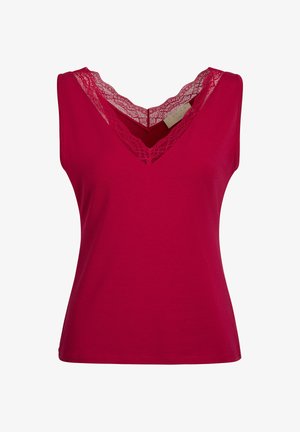 Sleeveless bright red top with V-neckline, decorated with matching lace trim along the neckline and shoulders.