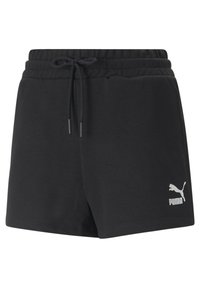 Černé šortky PUMA vyrobené z měkké tkaniny; elastický pás se šňůrkou; logo vytištěné bílou barvou na dolním pravém rohu; volný střih.