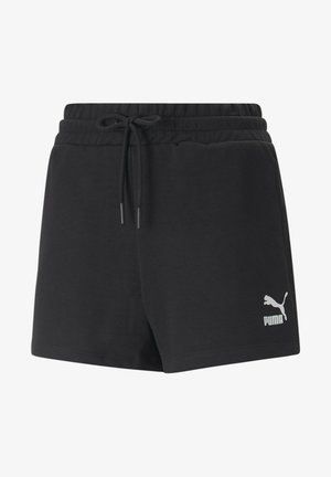 Sorte PUMA-shorts lavet af blødt stof; elastisk talje med snoretræk; logo trykt i hvidt på nederste højre side; afslappet pasform.
