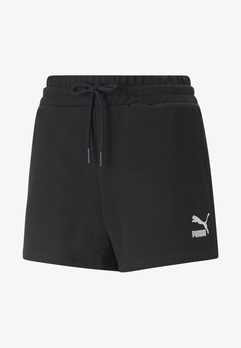 Svarta PUMA-shorts i mjukt tyg; elastisk midja med dragband; logotyp tryckt i vitt på nedre högra sidan; avslappnad passform.