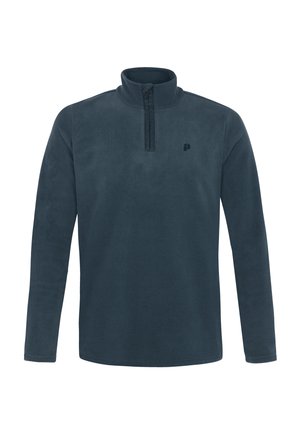 Tamsiai mėlynas flisinis megztinis su pusiau užtrauktuku, ilgomis rankovėmis ir subtiliu logotipu ant krūtinės; minkšta textura ir laisvas siluetas.