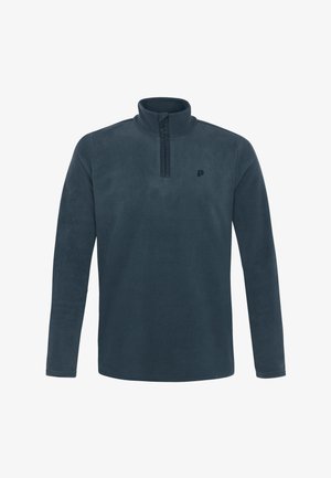 Fleeceová mikina tmavě modré barvy s polo zapínáním, dlouhými rukávy a jemným logem na hrudi; měkká textura a volný střih.