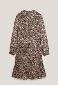Langärmliges Kleid in Burgunderrot mit floralem Muster. Mit einem Rüschen-Saum und einem Schlüssellochverschluss auf der Rückseite. Leichter, strukturierter Stoff.