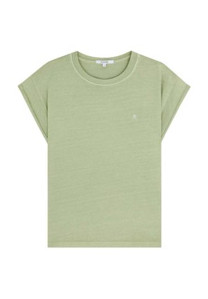 T-shirt verde chiaro con scollatura rotonda, maniche corte a rullo e un piccolo logo sul davanti. Realizzata in tessuto morbido.