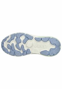 Gumová podrážka s bílým základem a světle modrými texturovanými vzory. Obsahuje logo a různorodé tvary pro zajištění trakce.