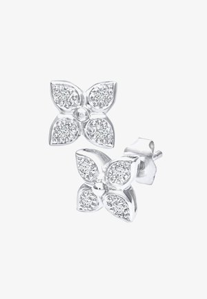 Hõbedased liblikakujulised tõmblukud, millel on tekstureeritud pind koos väikeste selgete gemmakingidga, mis on seadistatud igas õielehe ja keskmise helme sisse.